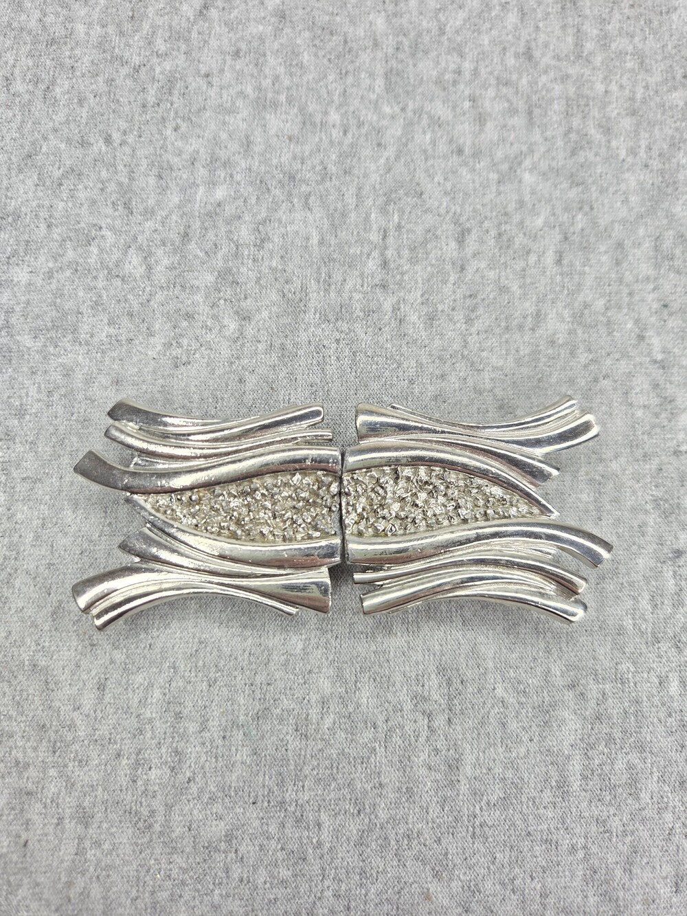 Womens Mid Century Modern Belt Buckle Two Piece Interlocking Silver Wavy